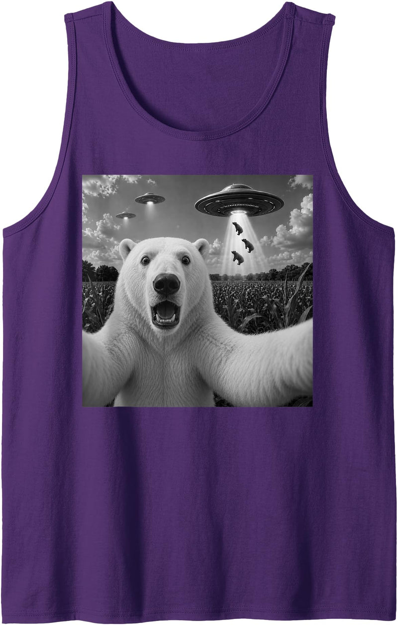 Retro Polar Bear Selfie with UFOs Meme Polar Bear Selfie with UFO Alien Funny Tank Top - Purple