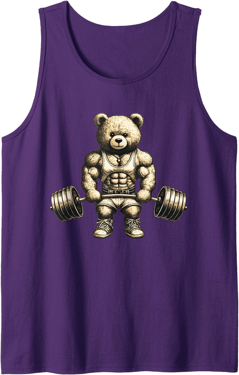 Funny Barbell Gym Graphic Tees for Women Men Kids Funny Teddy Bear Lifting Weights Gym Workout Animal Shirts Tank Top - Purple