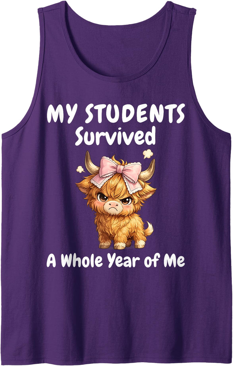Funny Highland Cow Teacher Cute Coquette Bow My Students Survived A Whole Year of Me Teacher Highland Cow Tank Top - Purple