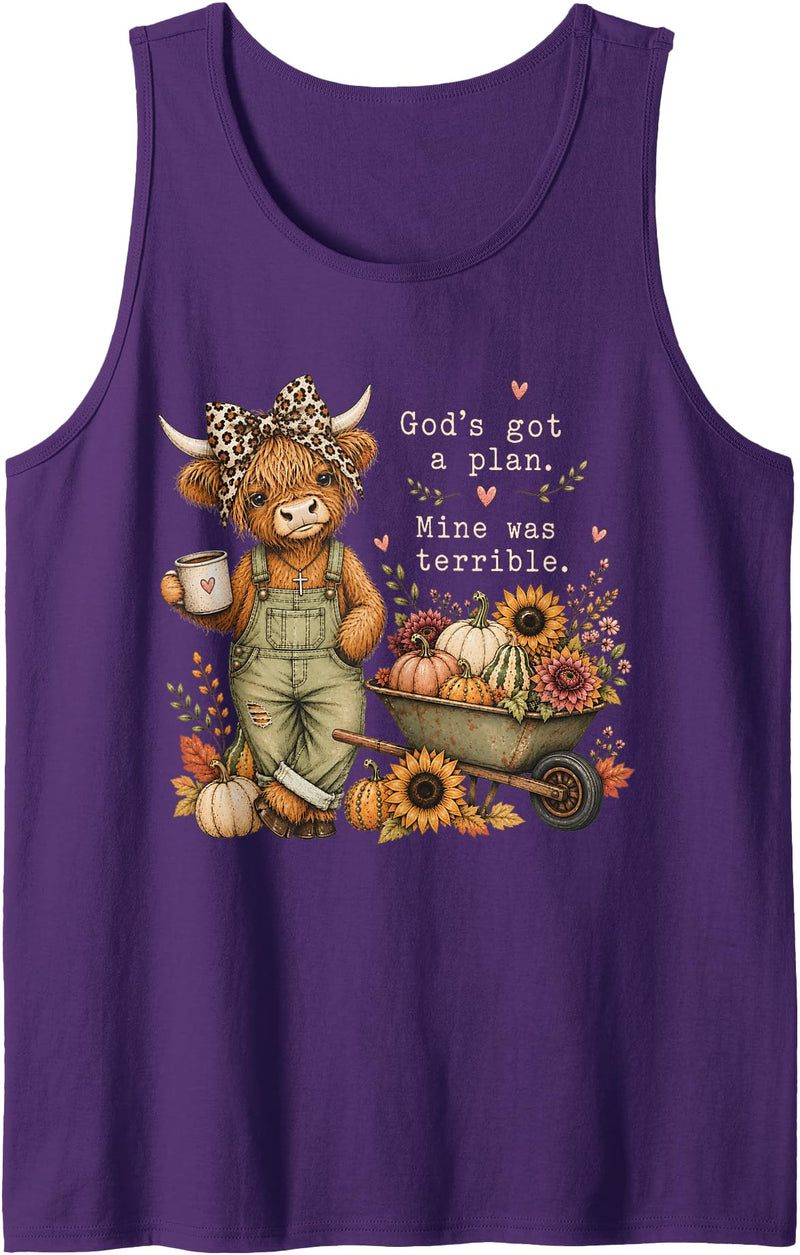 Highland Cow God's Got A Plan Mine was Terrible God's Got A Plan Mine was Terrible Christian Highland Cow Tank Top - Purple