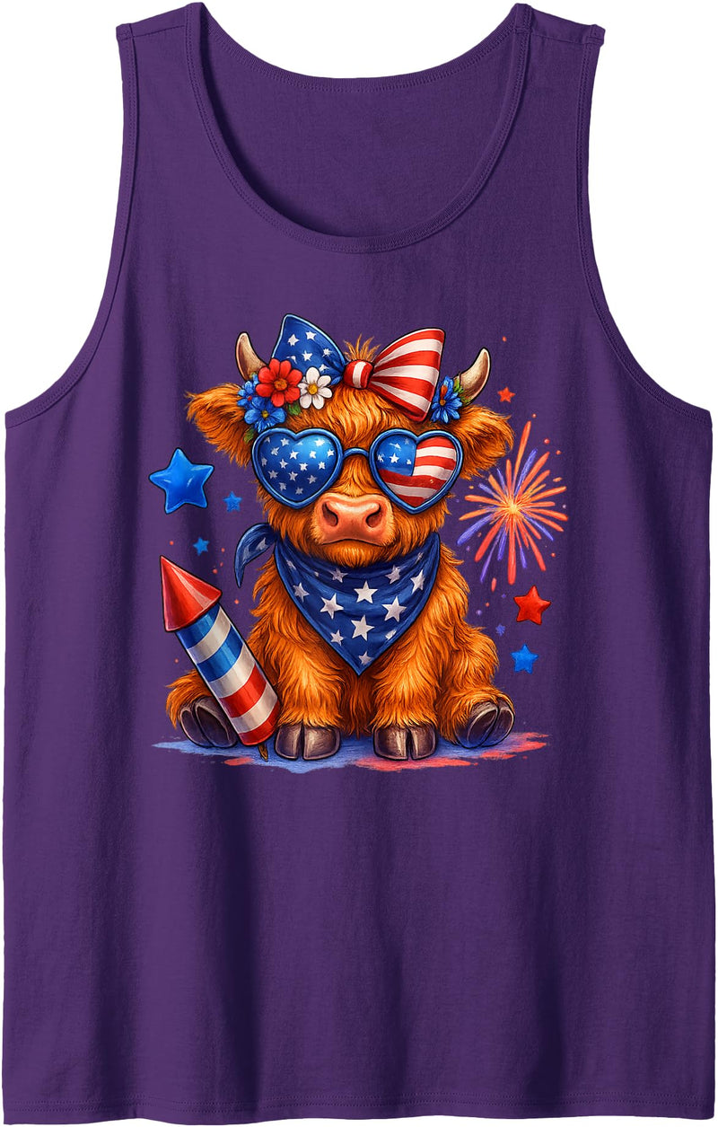 Cute Coquette Highland Cow 4th Of July Patriotic 4th Of July Highland Cow Coquette Firework USA American Farm Tank Top -