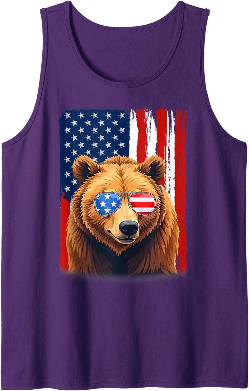 Patriotic USA Flag Grizzly Bear 4th of July Co. Grizzly Bear US America Flag Men Women 4th of July Patriotic Tank Top - Purple