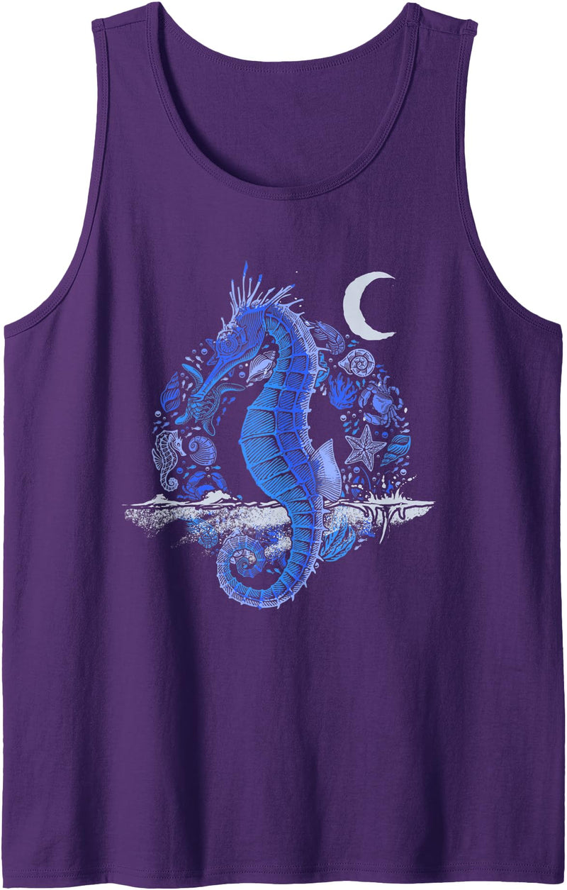 Seahorse Underwater Animal Aquarium Fish Ocean Sea Creature Crescent Moon Underwater Seahorse Tank Top - Purple