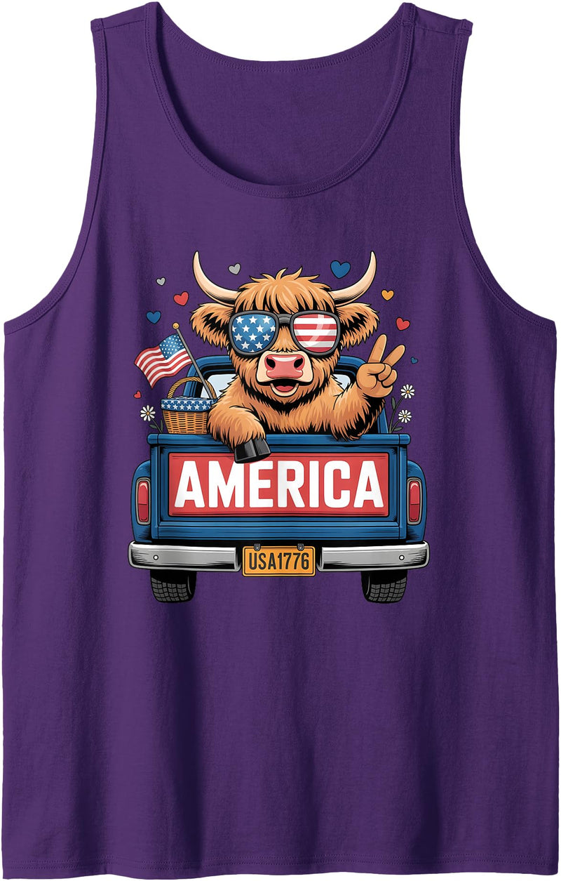 America Highland Cow Fireworks Truck Parade Gifts Patriotic Truck Highland Cow Cute 4th of July American Flag Tank Top -