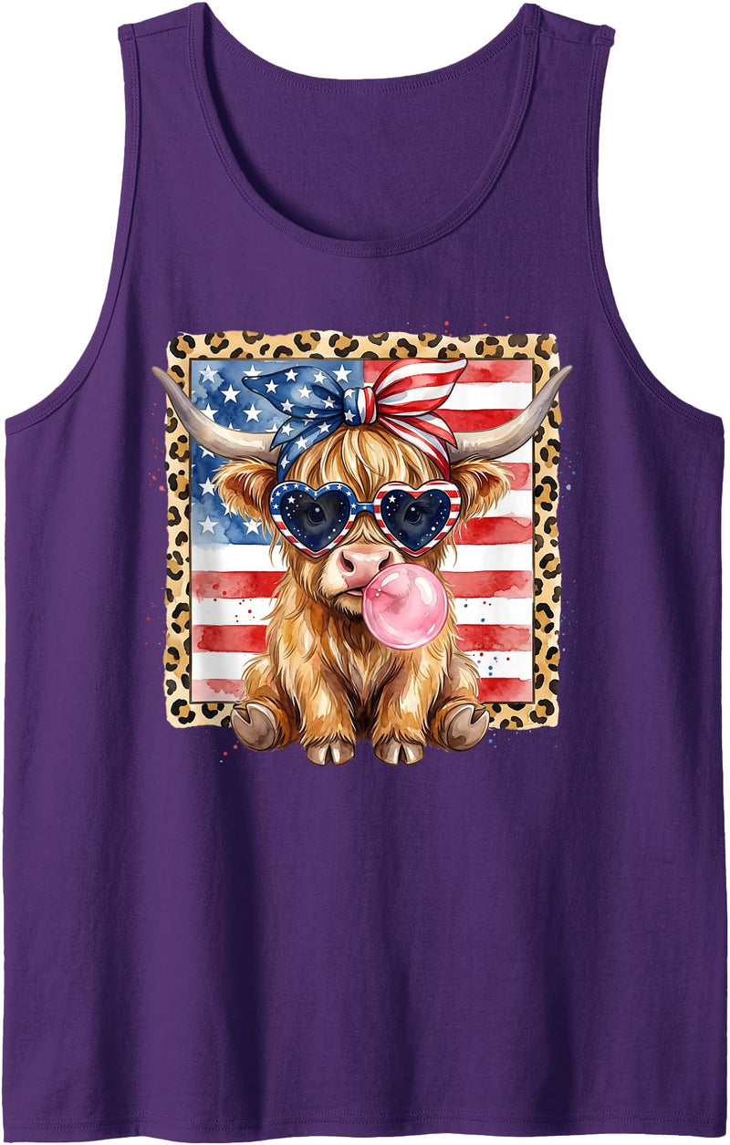 4th of July Highland USA Flag Patriotic Cow Farmer 4th of July Highland Cow Leopard Print USA Flag Messy Hair Tank Top -