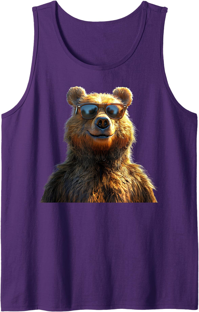 Funny Brown Bears for Grizzly Bear Lovers Brown Bear with Sunglasses Grizzly Bears Wild Brown Bear Tank Top - Purple