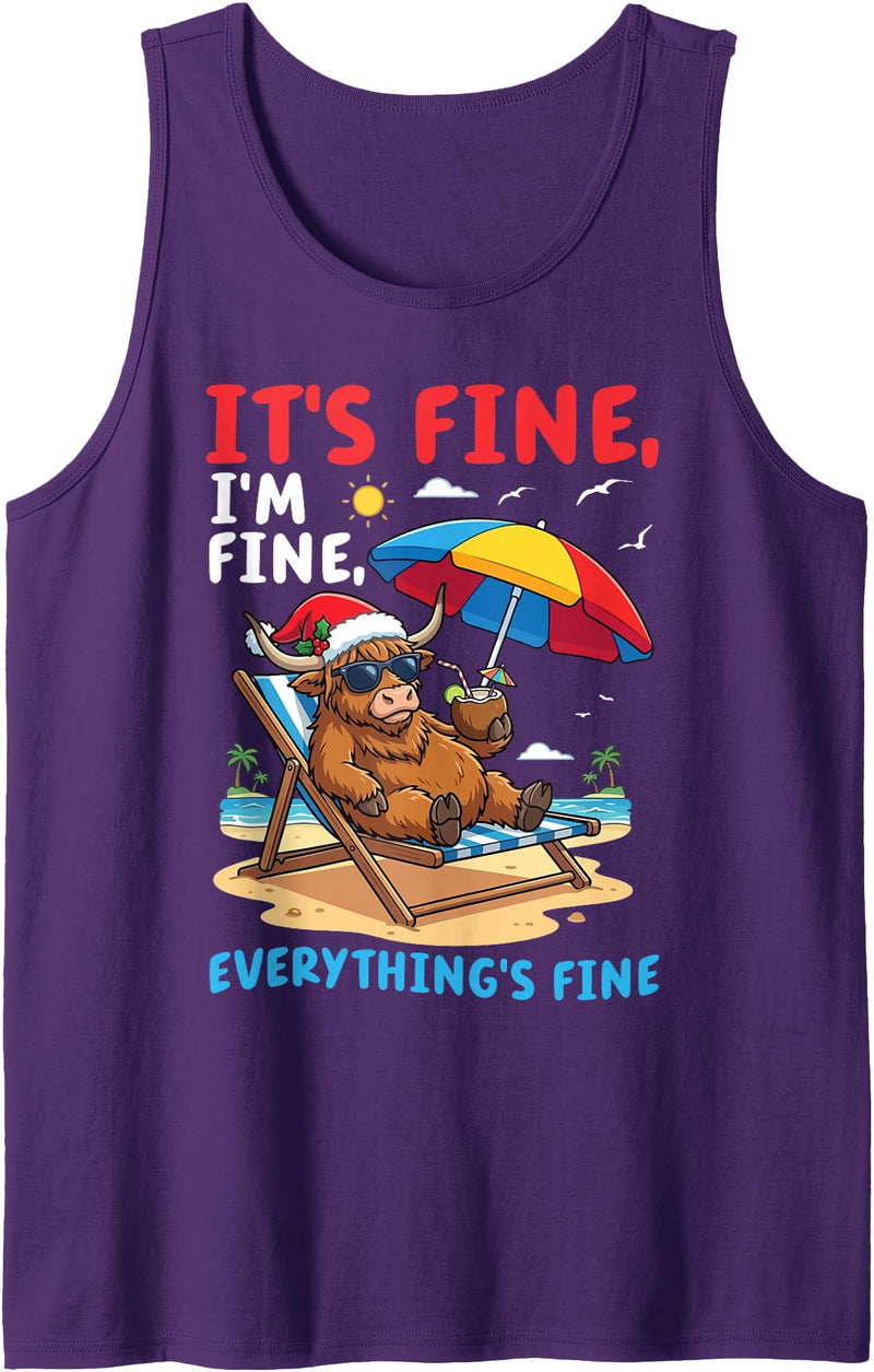 T9Shop Merry Christmas in July Highland Cow Lover Highland Cow Summer Xmas Its Fine Im Fine Everythings Fine Tank Top -