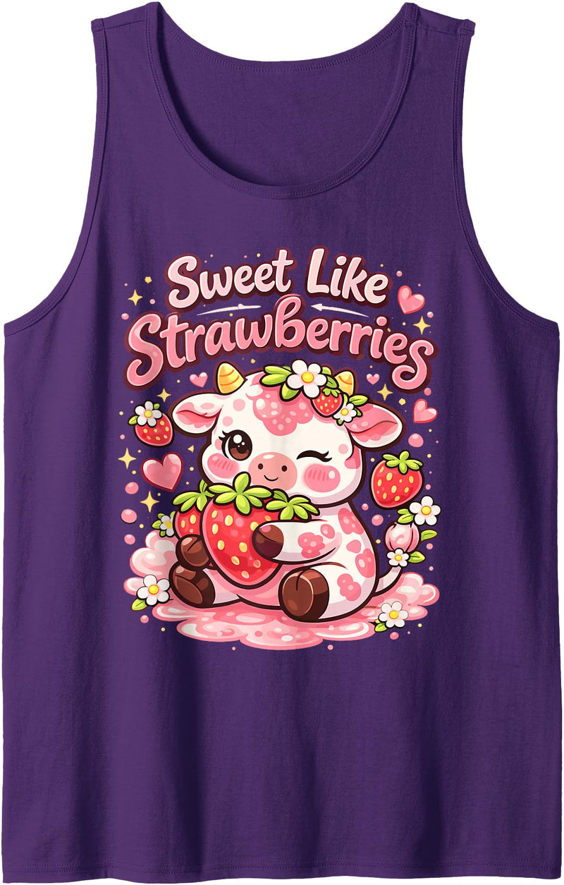 Sweet Like Strawberries Cute Cow Kawaii Fruit Tank Top - Purple