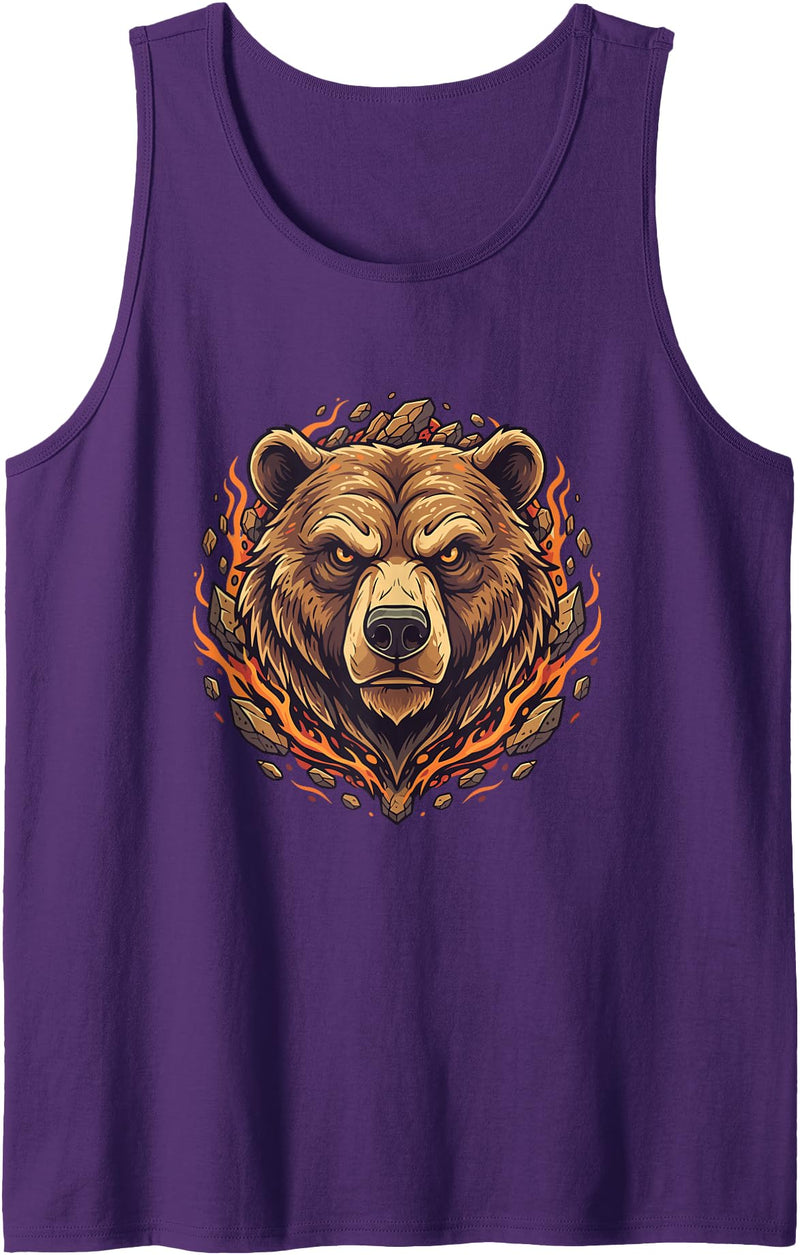 Wild Grizzly Bear Fire Mountain Nature Fiery Grizzly Bear Head Flames Wilderness Tank Top - Purple