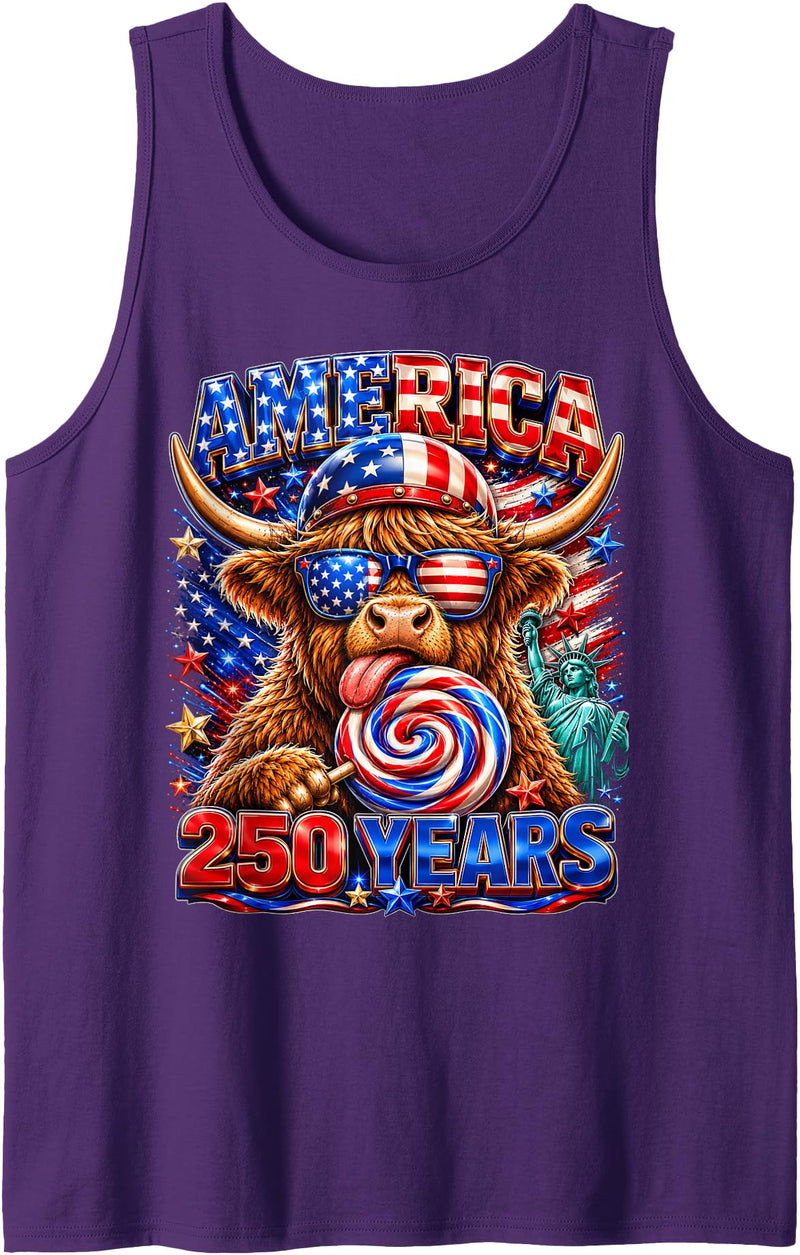 Patriotic Highland Cow Fourth of July USA Flag 1776 2026 America 250th Anniversary Highland Cow 4th of July Tank Top - Purple