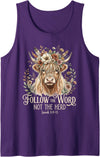 Religious Farmhouse Christian Cow Designs Christian Highland Cow Floral Follow The Word Not The Herd Tank Top - Purple
