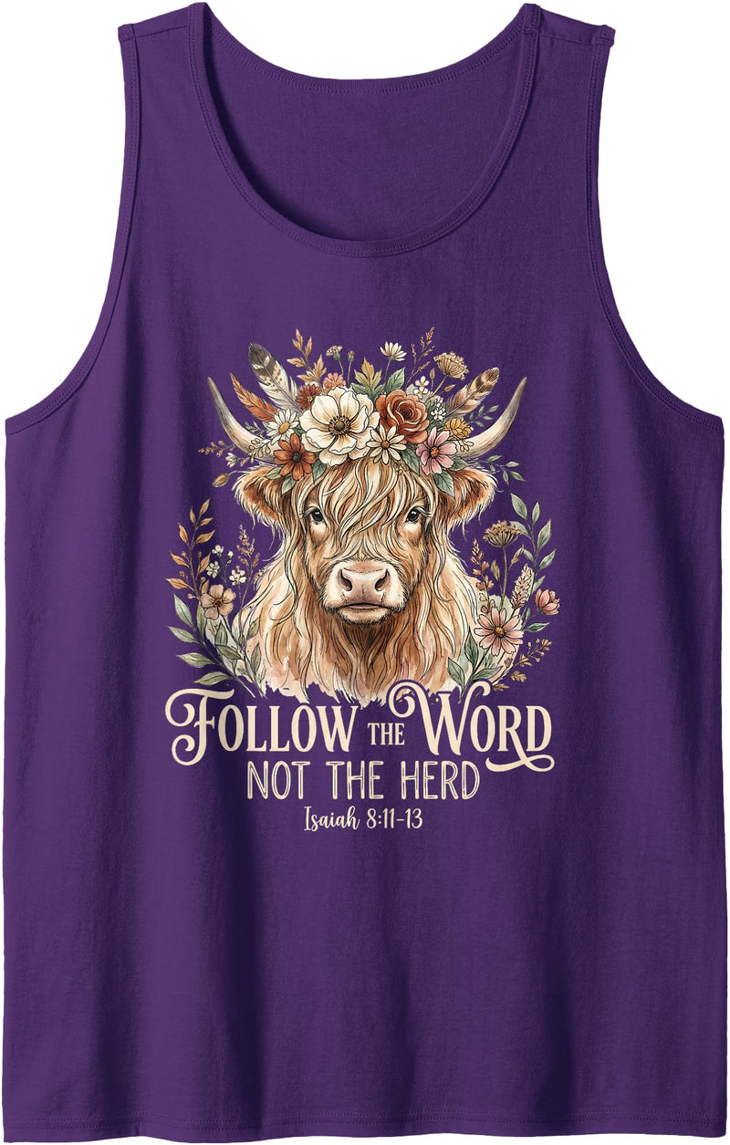Religious Farmhouse Christian Cow Designs Christian Highland Cow Floral Follow The Word Not The Herd Tank Top - Purple