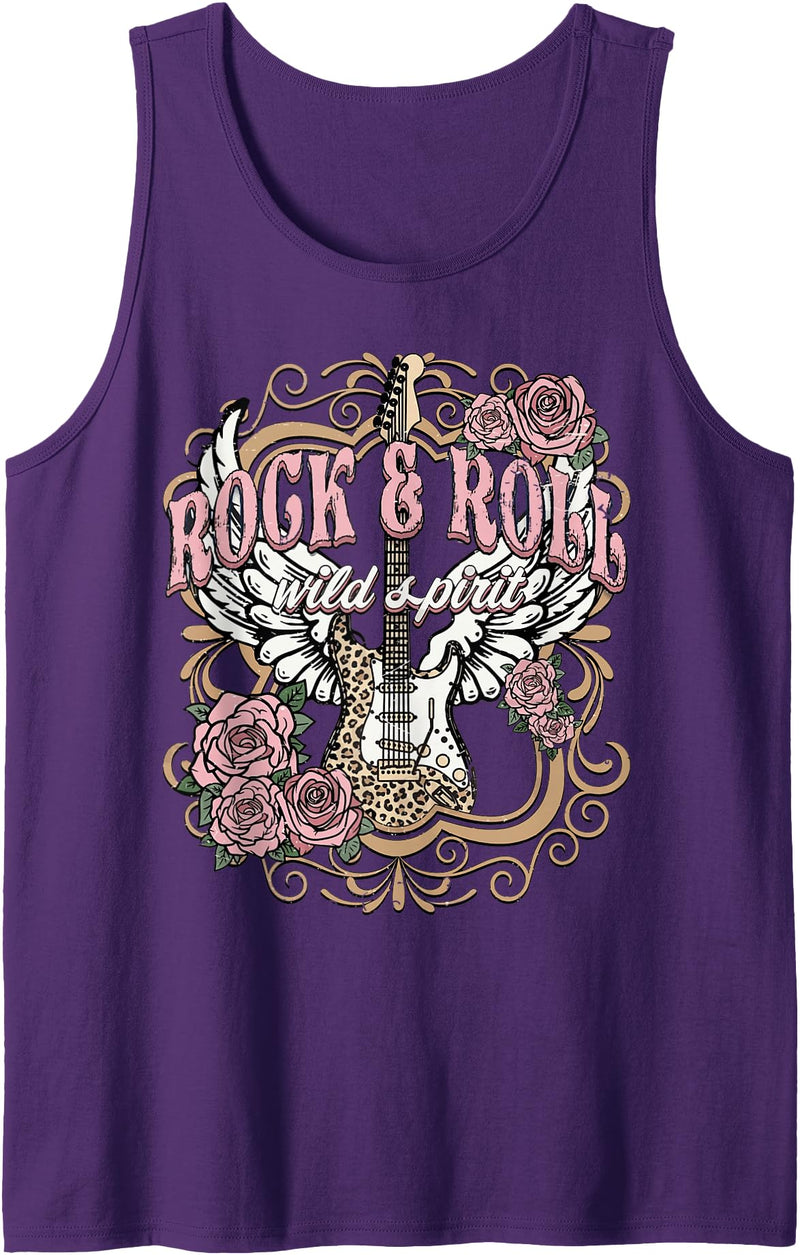 Rock & Roll Wild Spirit Leopard Guitar Floral Vintage Rock n Roll Wild Spirit Lets Rock Guitar Floral Tank Top - Purple
