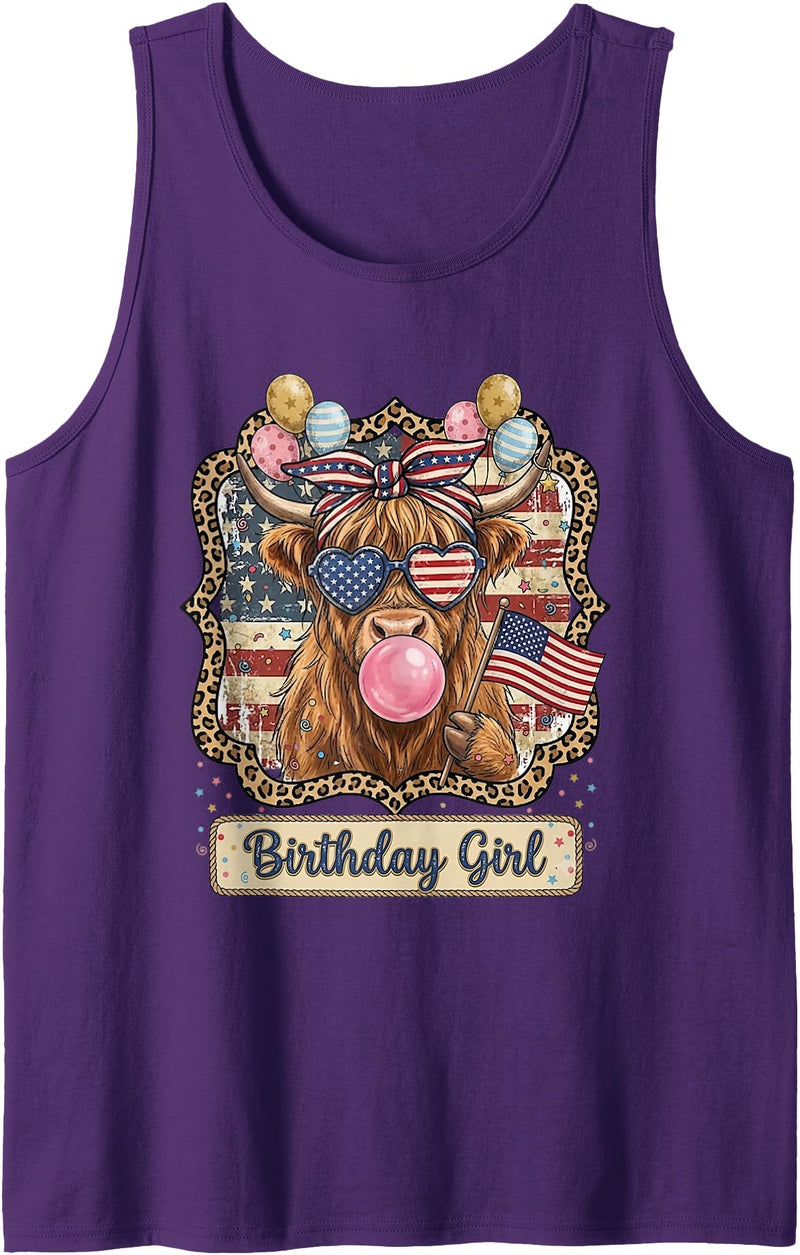 Patriotic Highland Cow Birthday Girl Flag Apparel Patriotic Highland Cow Birthday Girl Flag Design Tank Top - Purple
