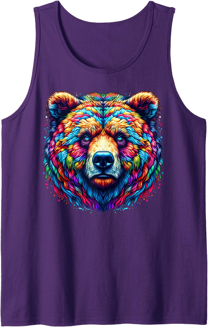 Grizzly Bear Illustration Tie Dye Cool Grizzly Bear Spirit Animal Illustration Tie Dye Art Tank Top - Purple