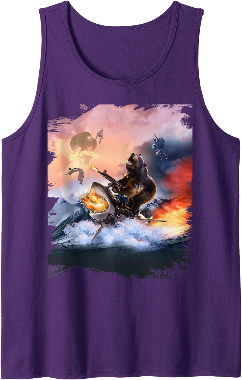 Random Galaxy Bear Riding Shark Funny Tank Top - Purple
