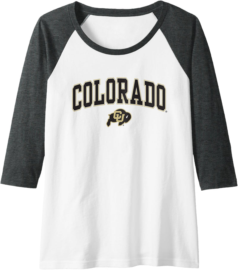 Elite Authentics Womens Colorado Buffaloes Womens Arch Over White Raglan Baseball Tee - Dark Heather Grey/White