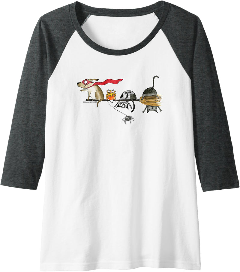 Red and Howling Broom Ride With Friends Halloween Raglan Baseball Tee - Dark Heather Grey/White