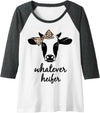 Daphne Ranching Tees Womens Whatever Heifer Funny Cow With Leopard Print Bow Cowgirl Raglan Baseball Tee - Dark Heather