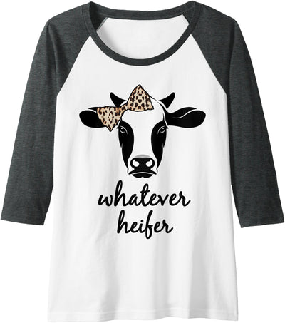 Womens Whatever Heifer Funny Cow with Leopard Print Bow T-Shirt