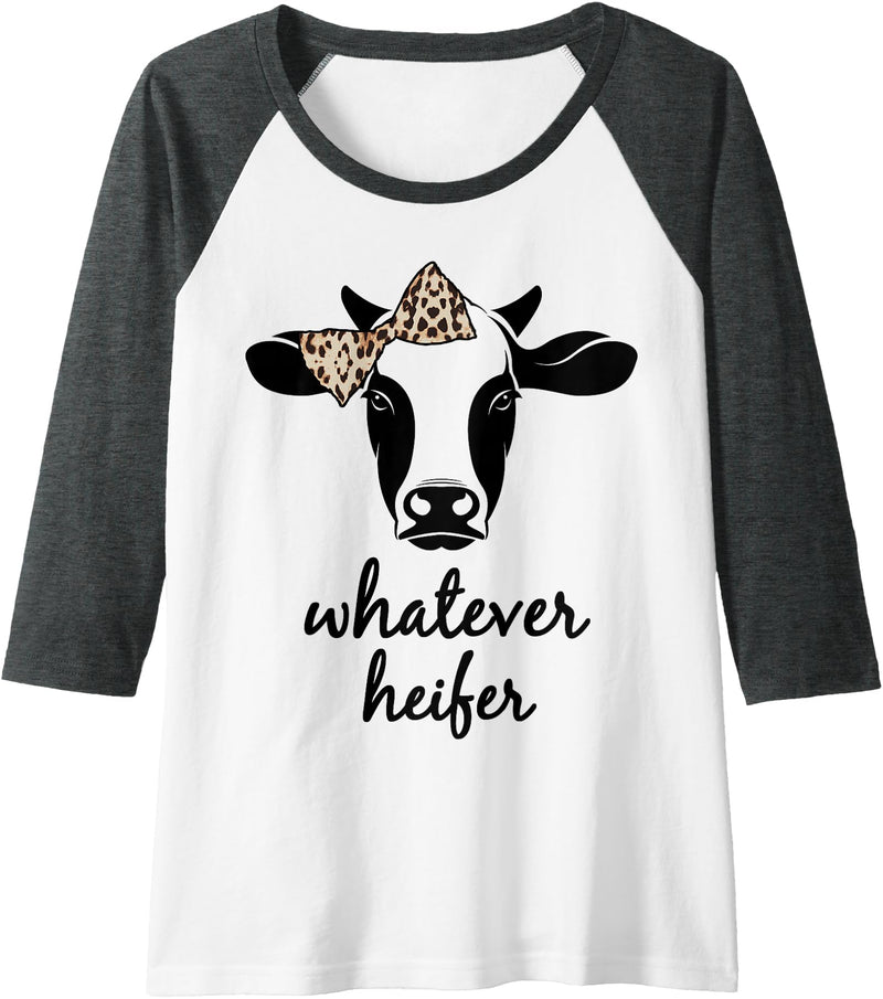 Daphne Ranching Tees Womens Whatever Heifer Funny Cow With Leopard Print Bow Cowgirl Raglan Baseball Tee - Dark Heather