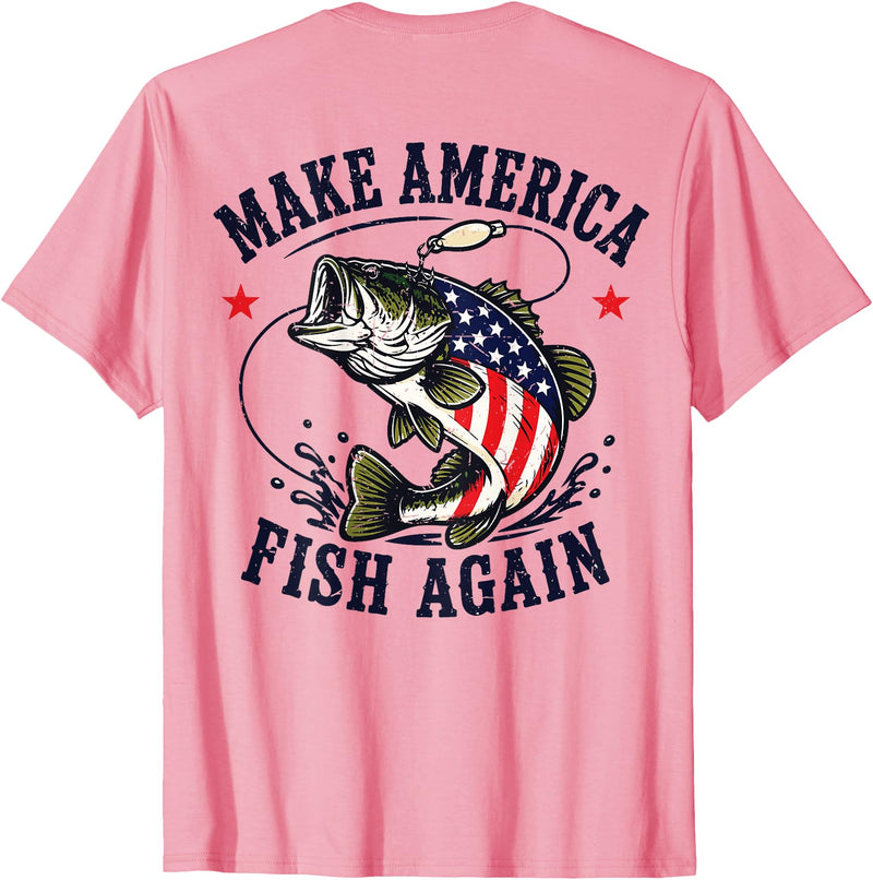 Make America Fish Again Largemouth Bass Patriotic Men Make America Fish Again 4th July Fish Patriotic USA Flag T-Shirt - Pink