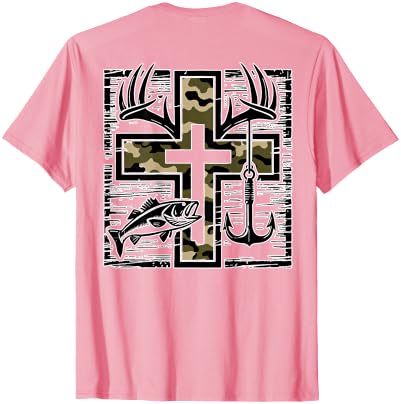 Camo Cross Fishing Faith Christian 2 Sided Hunting Fishing Cross Camo Faith Christian Fisherman Hunter T-Shirt - size chart