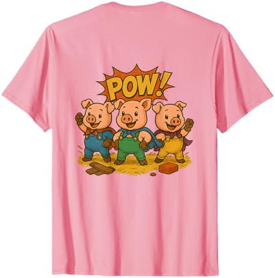 Three Hero Pigs Storytime Legends Bad Wolf in personalized costume 3 Pigs on the back T-Shirt - size chart