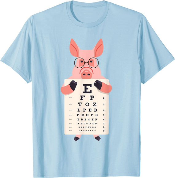 Cute Cartoon Eye Chart Animal Kids Piglet Pig Animal Children's Glasses with Optician Vision Test Board T-Shirt - Baby Blue