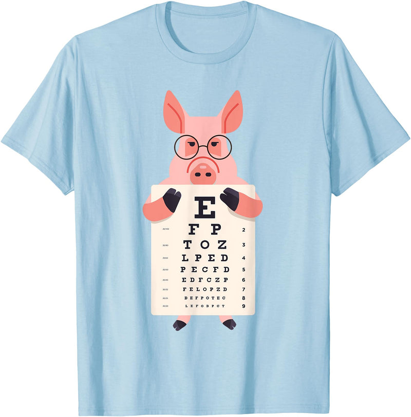 Cute Cartoon Eye Chart Animal Kids Piglet Pig Animal Children's Glasses with Optician Vision Test Board T-Shirt - Baby Blue