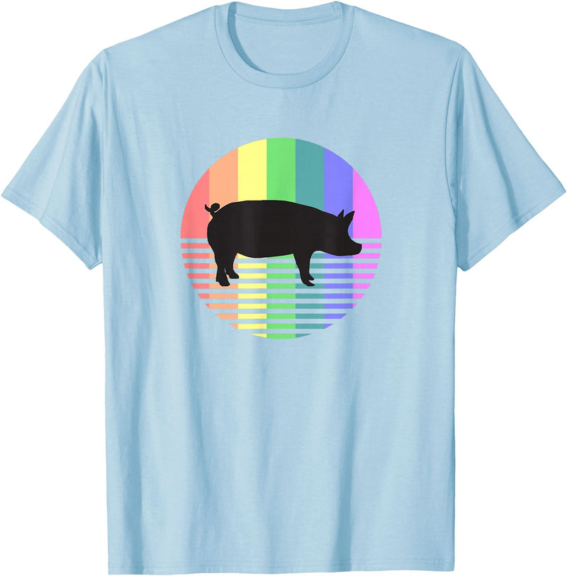 Animal Pride Retro Pig Gay Pride Vintage 80s Rainbow Pig Farm Animal Gift T-Shirt - Baby Blue