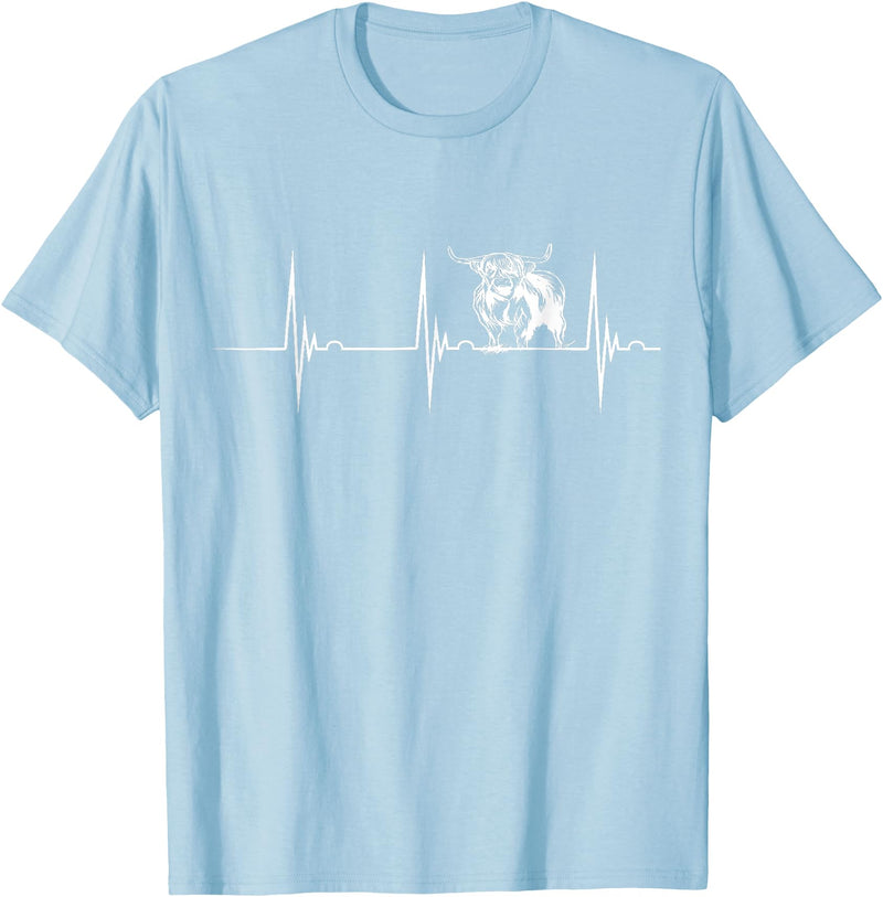 Loveable Highland Cows Hairy Coos Scottish Highland Cow Heartbeat EKG Pulse Highlander Cow T-Shirt - Baby Blue
