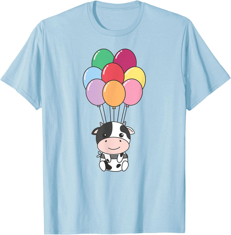 Cute Balloon Animals For Birthday Cow Flies With Colorful Balloons Kawaii Cows T-Shirt - Baby Blue
