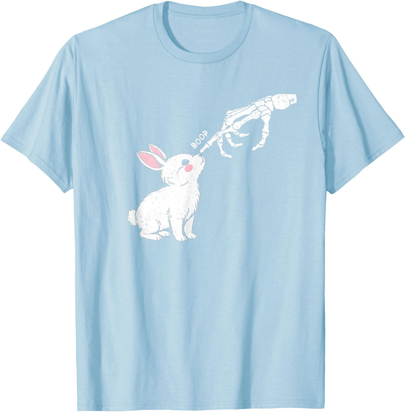 Cute Skeleton Hand Boop Bunny Rabbit Funny Easter Day T-Shirt in Baby Blue