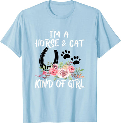 Horse-riding and Cat-Pet Gifts I Am Horse & Cat Kind Of Girl Horseshoe Paws T-Shirt