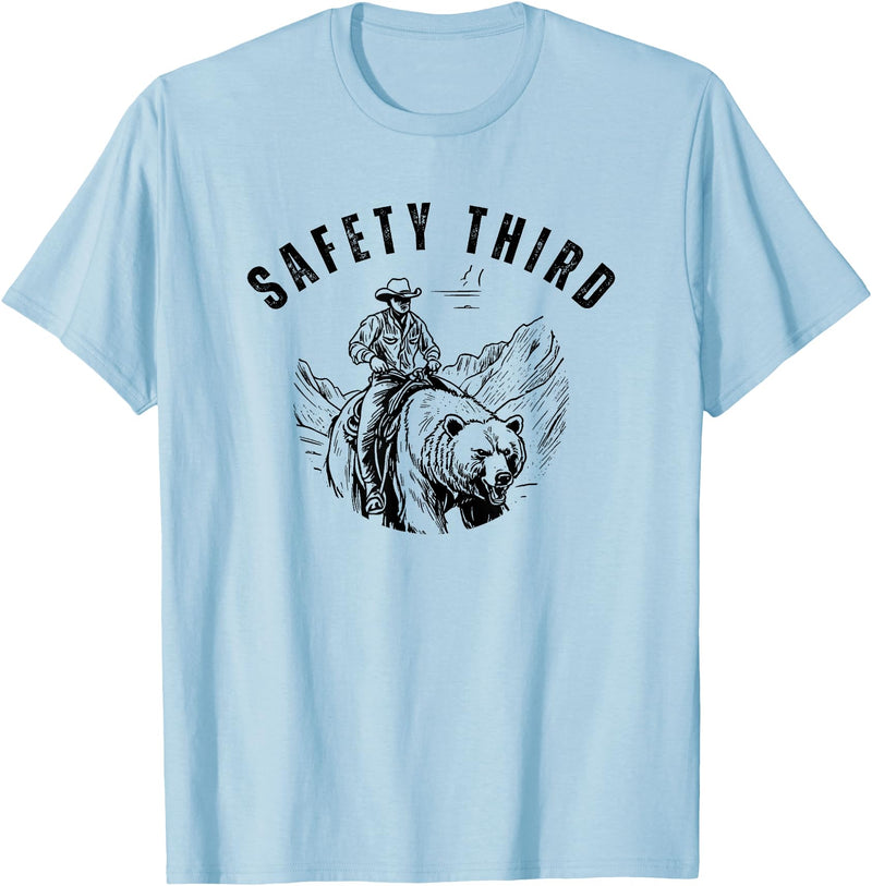 Exteevaganza Safety Third Cowboy Riding Bear Humorous Graphic T-Shirt - Baby Blue