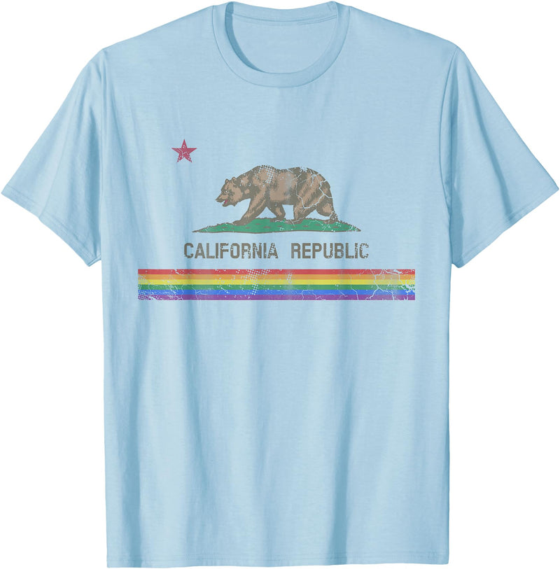 California LGBTQ+ Gift Men Women Couples Groups California Republic Bear LGBT Gay Pride Month Rainbow Flag T-Shirt - Baby Blue