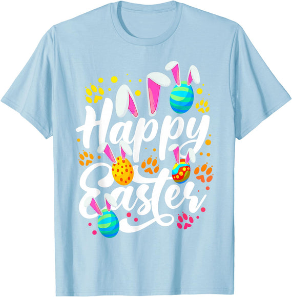 Funny Happy Easter Eggs with Easter Bunny Rabbit Ears T-Shirt in Baby Blue