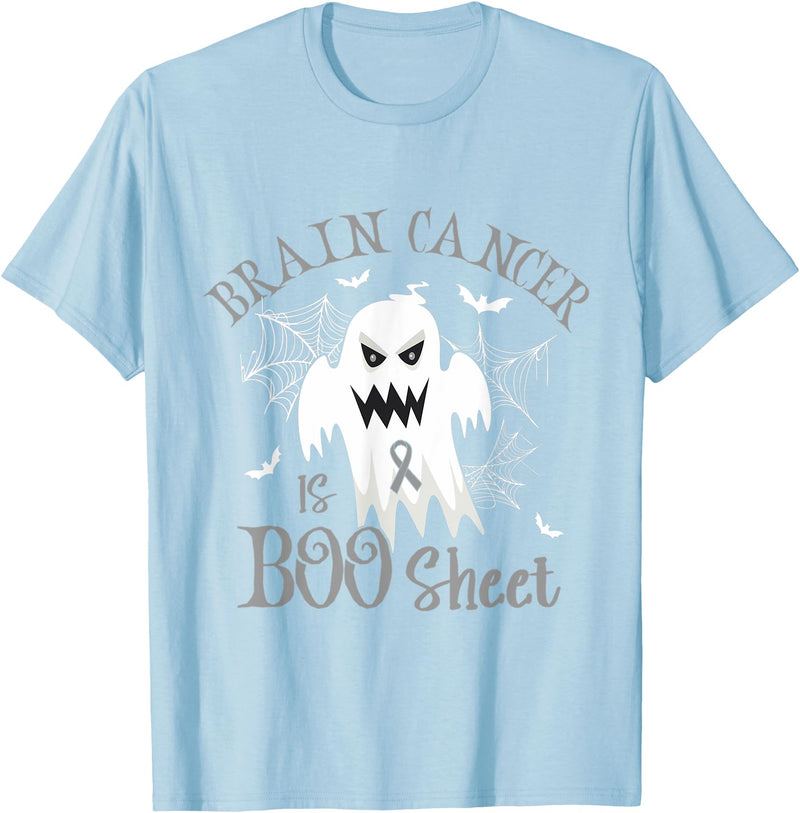 Best Spooky Halloween Shirts Brain cancer Is Boo Sheet Grey Ribbon Halloween T-Shirt - Baby Blue