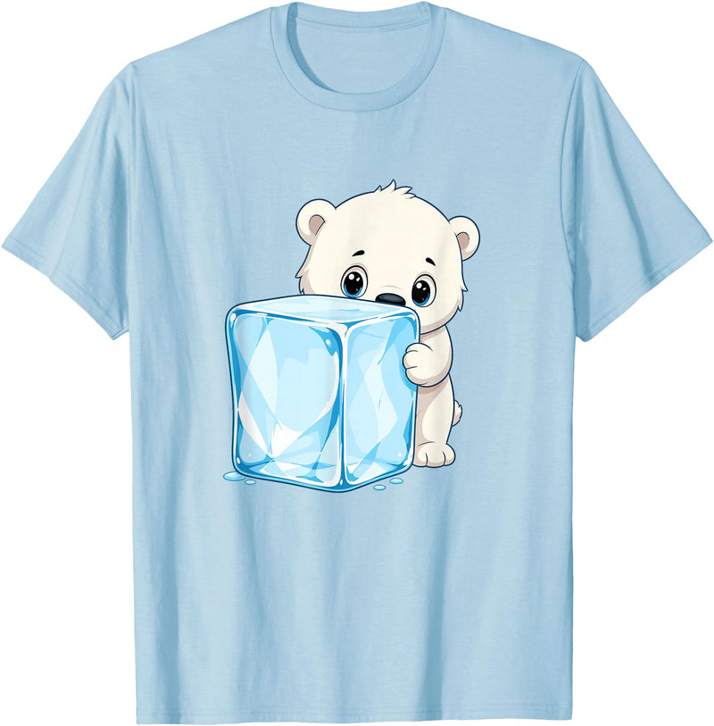 Cute Polar Bear Ice Cube Arctic Kawaii Adorable Baby Polar Bear Hugging Big Ice Cube T-Shirt - Baby Blue