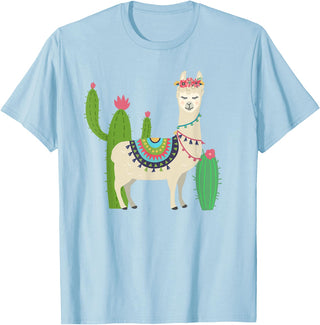 Captivaca Llama Shirts Cute Llama with Flower & Cactus/Llama Lover Gift T-Shirt Small - Baby Blue