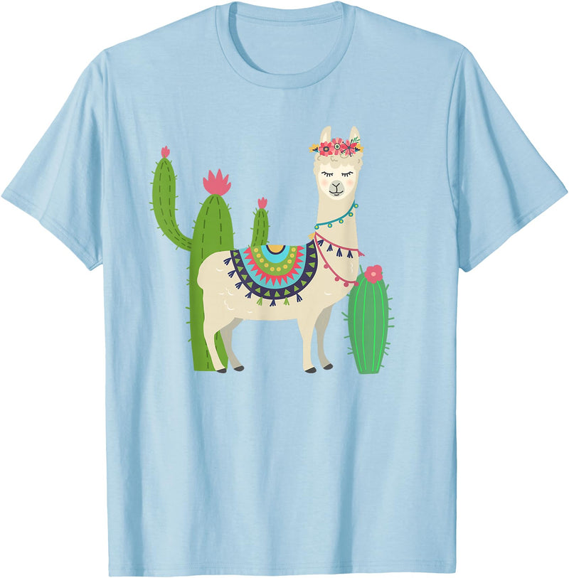 Captivaca Llama Shirts Cute Llama with Flower & Cactus/Llama Lover Gift T-Shirt Small - Baby Blue