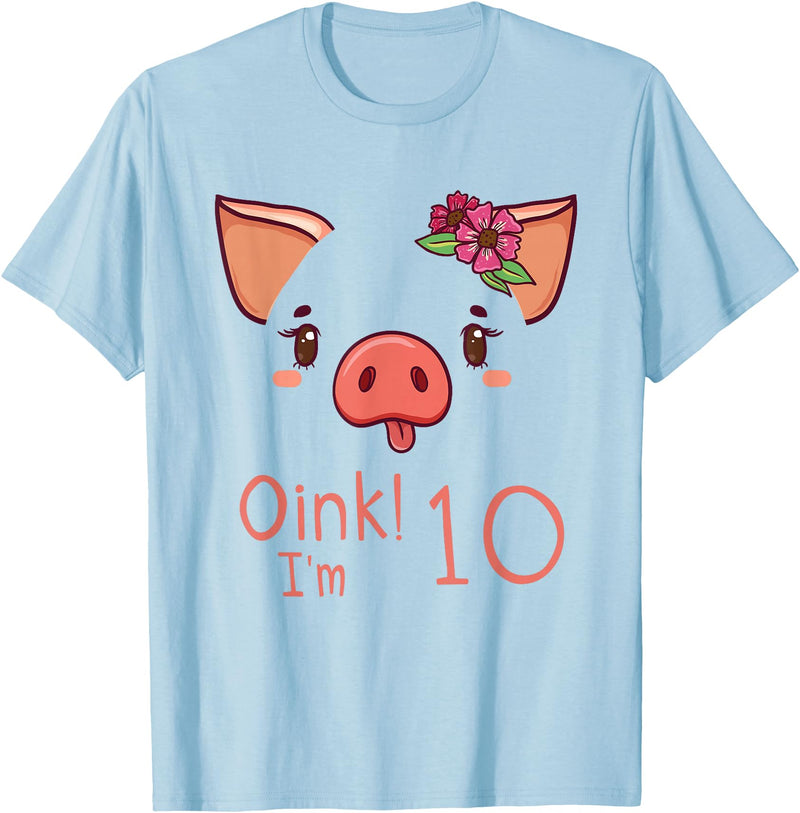 Girls Cute Pig Birthday Designs Co. 10th Birthday Pig Outfit Pig Face Gift 10 year old Girl Boy T-Shirt - Baby Blue