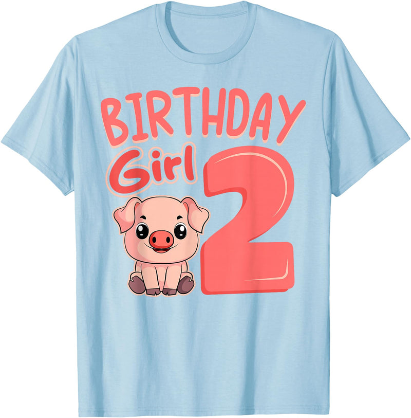 Pig Birthday 2 Cute Girl Farm Party Apparel Pig 2nd Birthday Girl Party Oink Farm Hog Farmyard Piggy T-Shirt - Baby Blue
