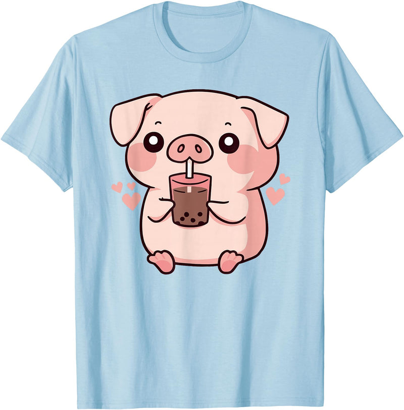 Bubbly Piglets Collection Cute kawaii cartoon pig drinking bubble tea T-Shirt - Baby Blue