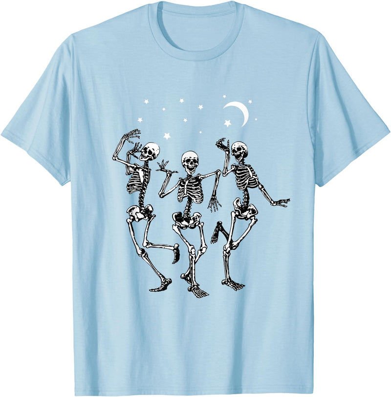 Skeleton Dancing Under The Moon Funny Happy Halloween T-Shirt - Baby Blue