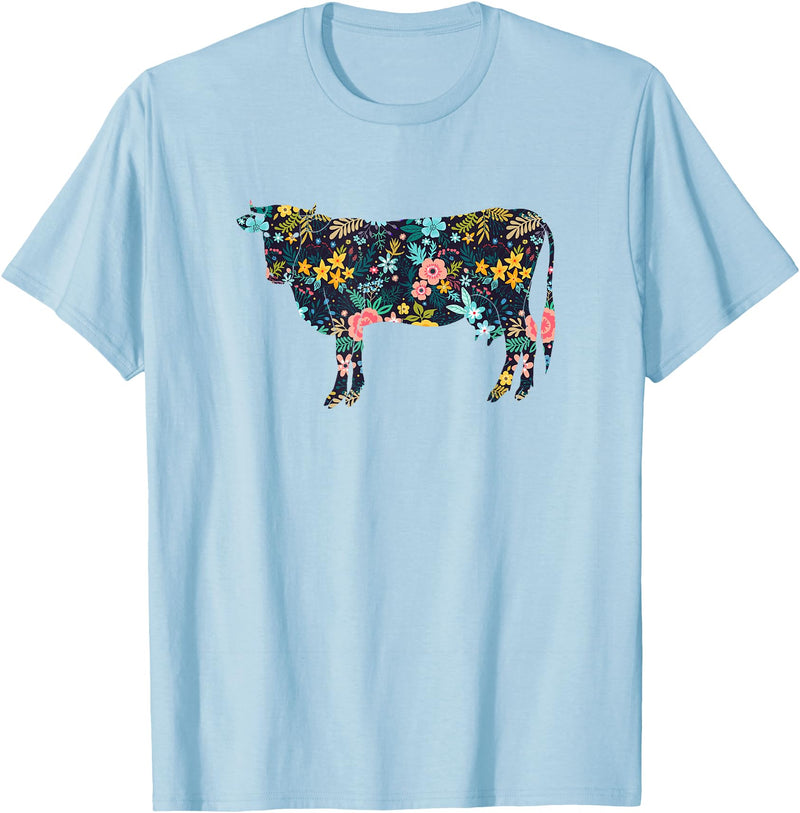 Cow Floral Silhouette Cattle Farm Lover Floral Cow Silhouette Womens Girls Cow Farm Animal T-Shirt - Baby Blue