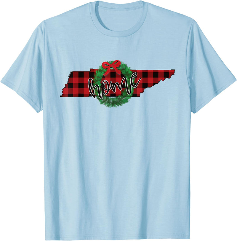 USA State Tennessee Christmas Buffalo Plaid Tennessee Buffalo Plaid Christmas Home Wreath Retro T-Shirt - Baby Blue
