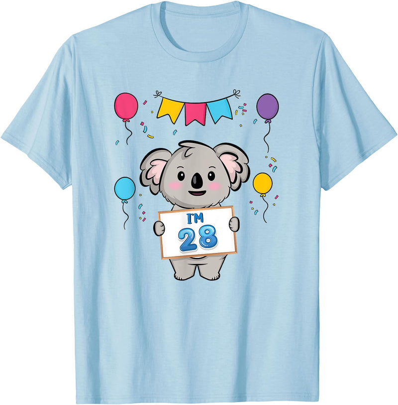 28th Koala Bear Birthday Party TShirt Co. I'm 28 Cute Koala Holding 28 Years Old 28th Birthday Outfit T-Shirt - Baby Blue