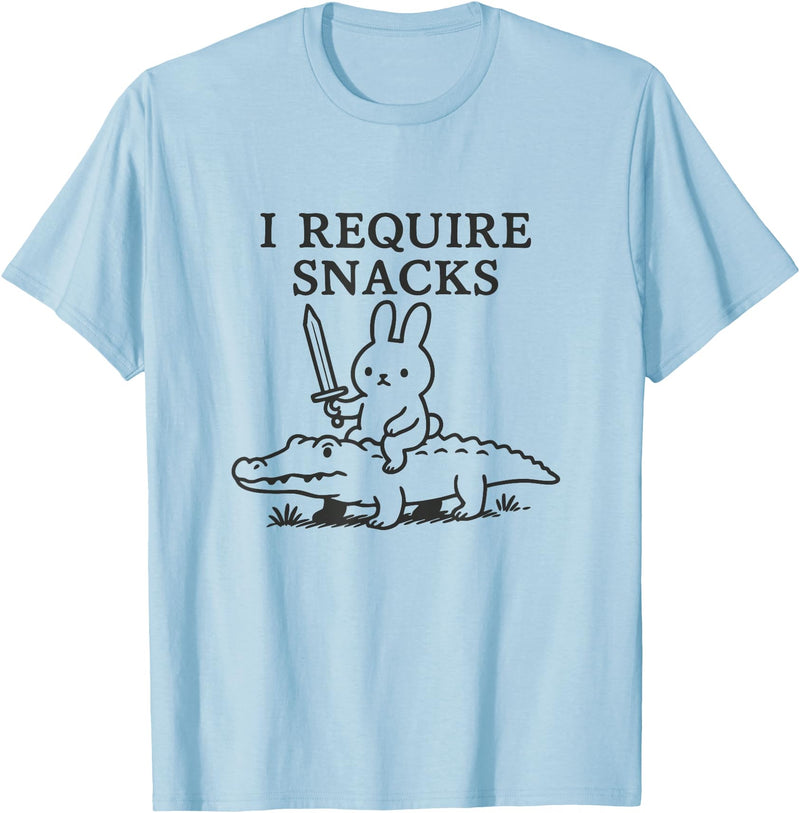 I Require Snacks Bunny Riding Gator Funny Rabbit Humor Meme T-Shirt in Baby Blue